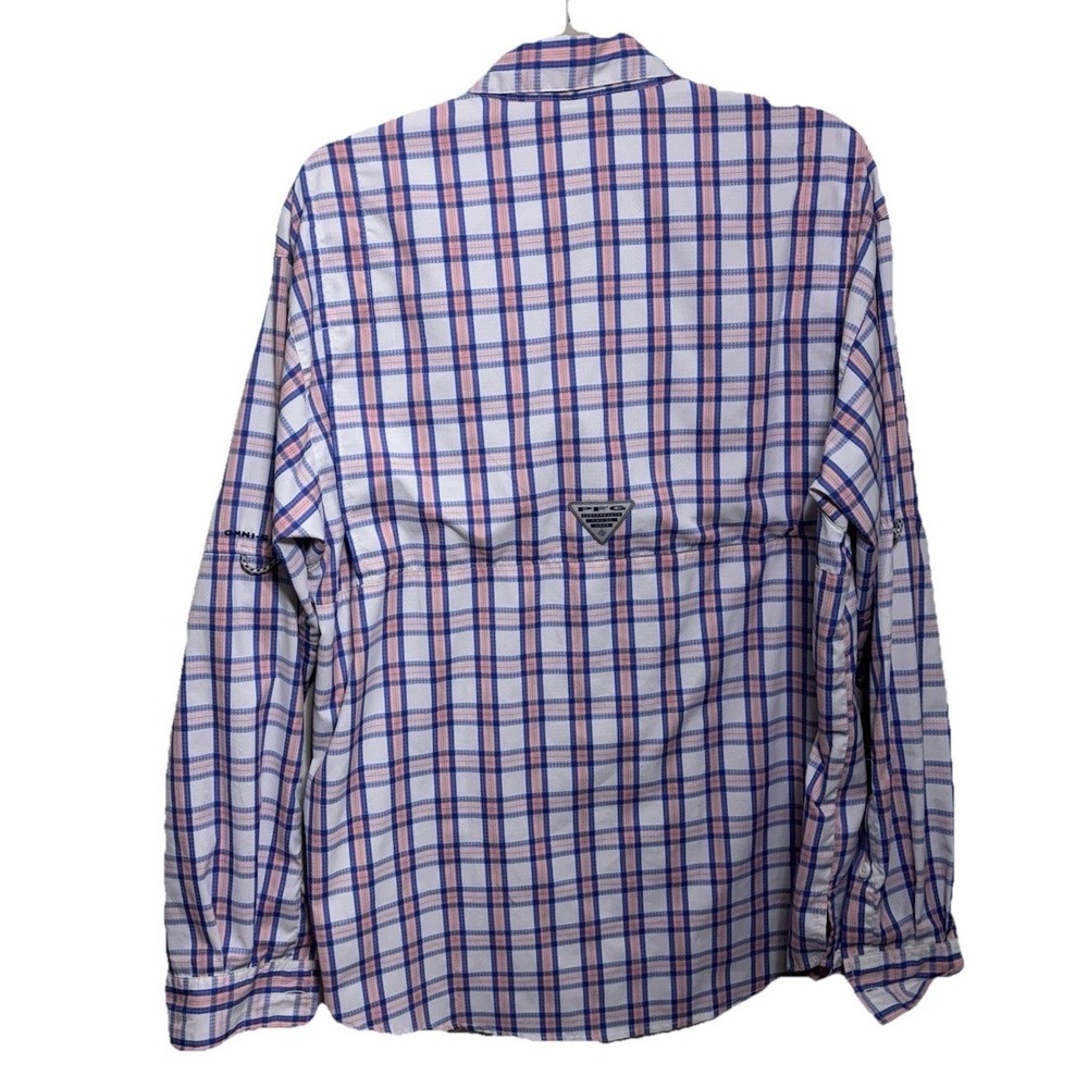 Columbia PFG Super Tamiami Mens Medium Plaid Fishing Shirt Blue Pink And White - Picture 8 of 10